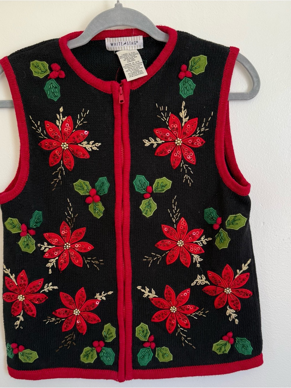 White Stag Black Vest with Red Poinsettia Appliqués